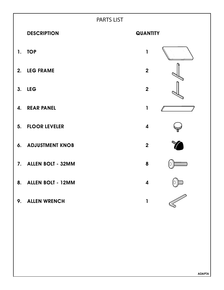 Parts list | Studio Designs Adapta Table User Manual | Page 3 / 4