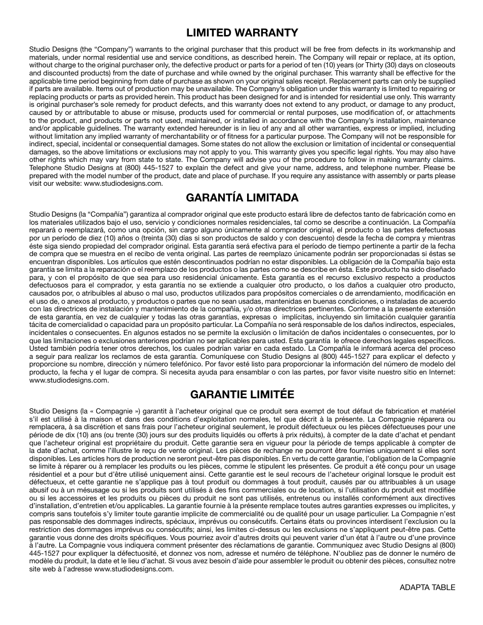 Limited warranty, Garantía limitada, Garantie limitée | Studio Designs Adapta Table User Manual | Page 4 / 4