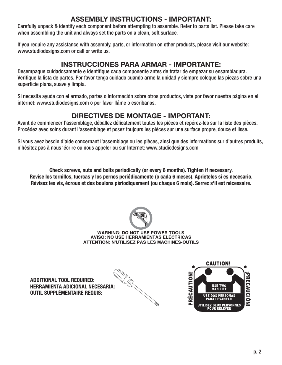 Assembly instructions - important, Instrucciones para armar - importante, Directives de montage - important | Studio Designs Americana II Drafting Table – 36 x 48 inches User Manual | Page 2 / 11