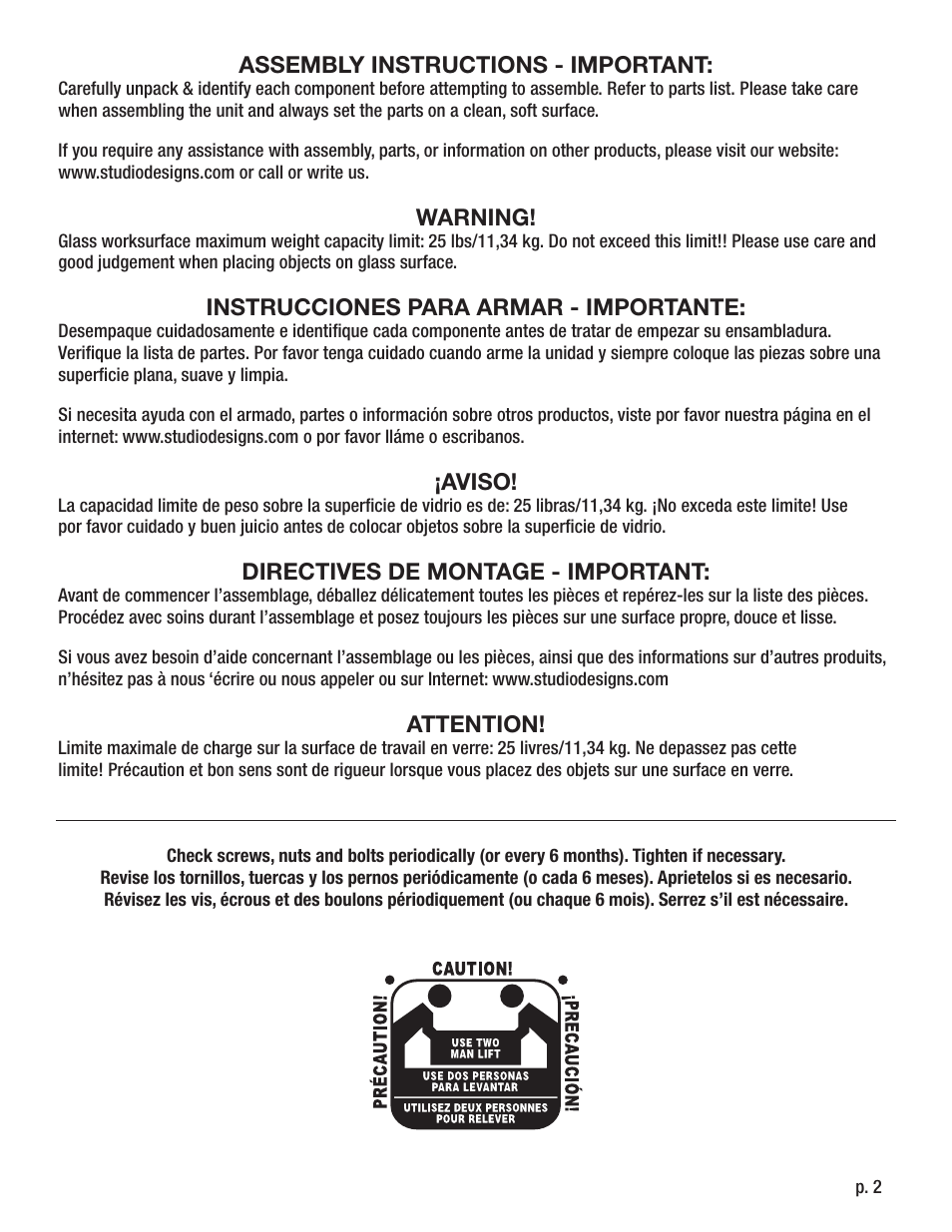 Assembly instructions - important, Warning, Instrucciones para armar - importante | Aviso, Directives de montage - important, Attention | Studio Designs Aries Glass Top Drafting Table User Manual | Page 2 / 11