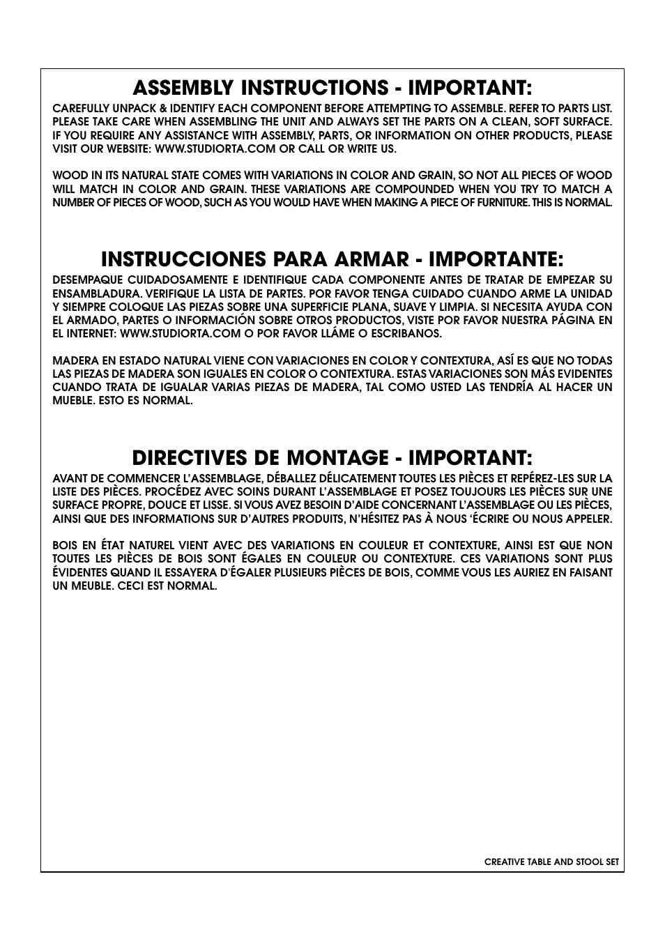 Assembly instructions - important, Instrucciones para armar - importante, Directives de montage - important | Studio Designs Creative Table and Stool Set User Manual | Page 2 / 12