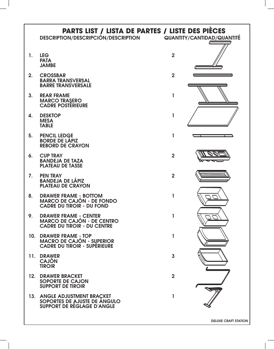 Parts list / lista de partes / liste des pièces | Studio Designs Deluxe Craft Station User Manual | Page 3 / 12