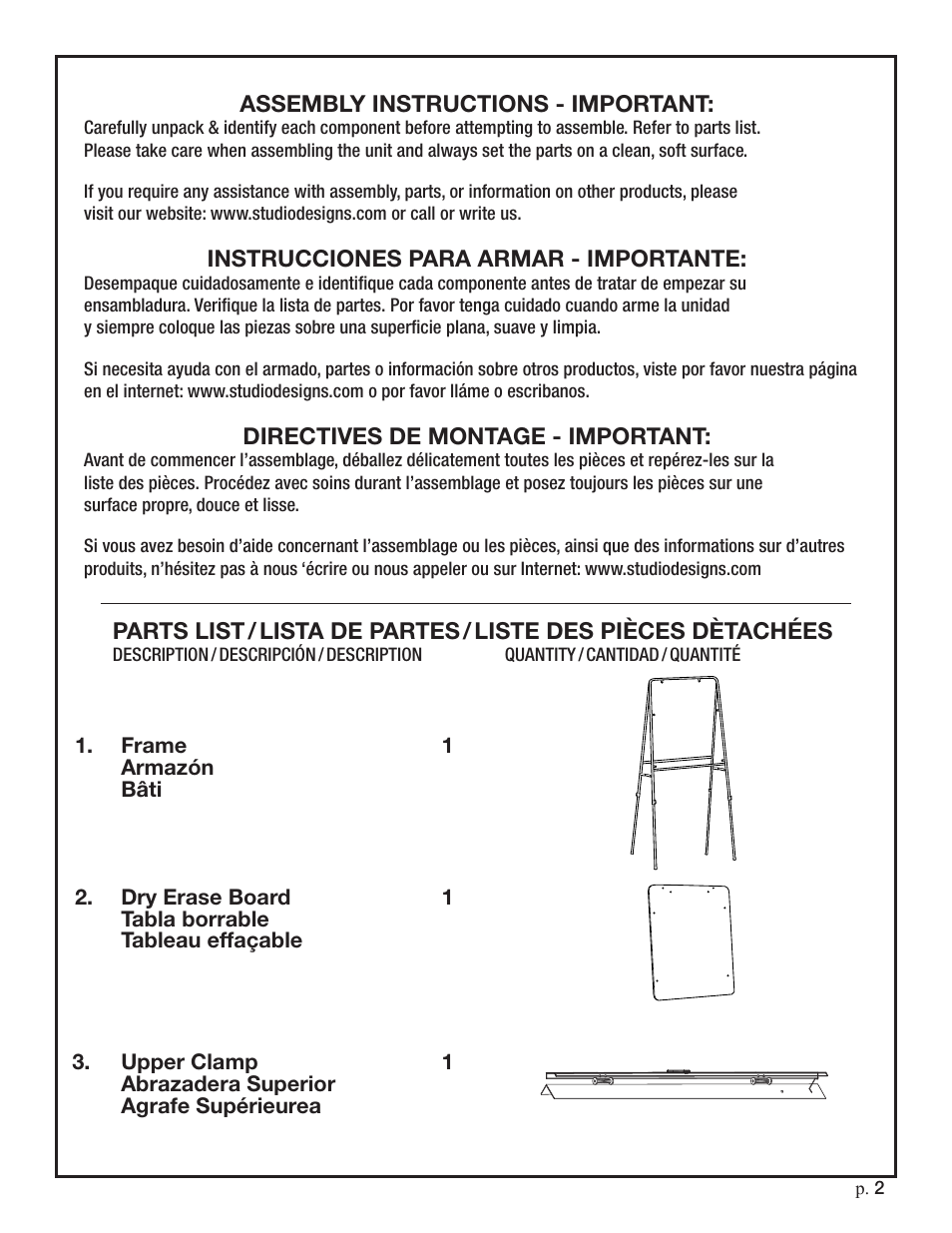 Studio Designs Deluxe Presentation Easel User Manual | Page 2 / 6