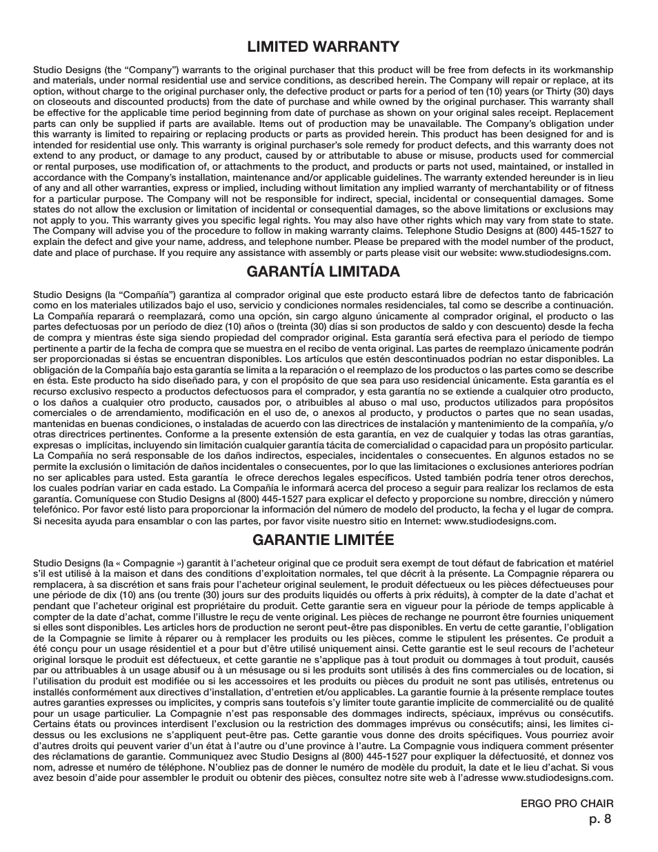 Limited warranty, Garantía limitada, Garantie limitée | P. 8 | Studio Designs Ergo Pro Chair User Manual | Page 8 / 8