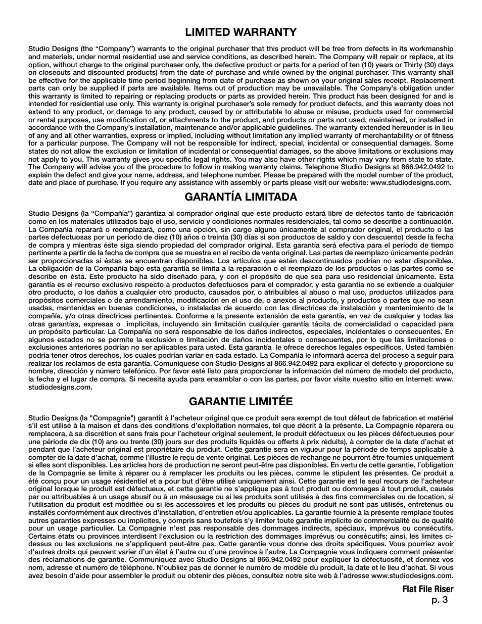 Limited warranty, Garantía limitada, Garantie limitée | Flat file riser p. 3 | Studio Designs Flat File Riser User Manual | Page 3 / 3