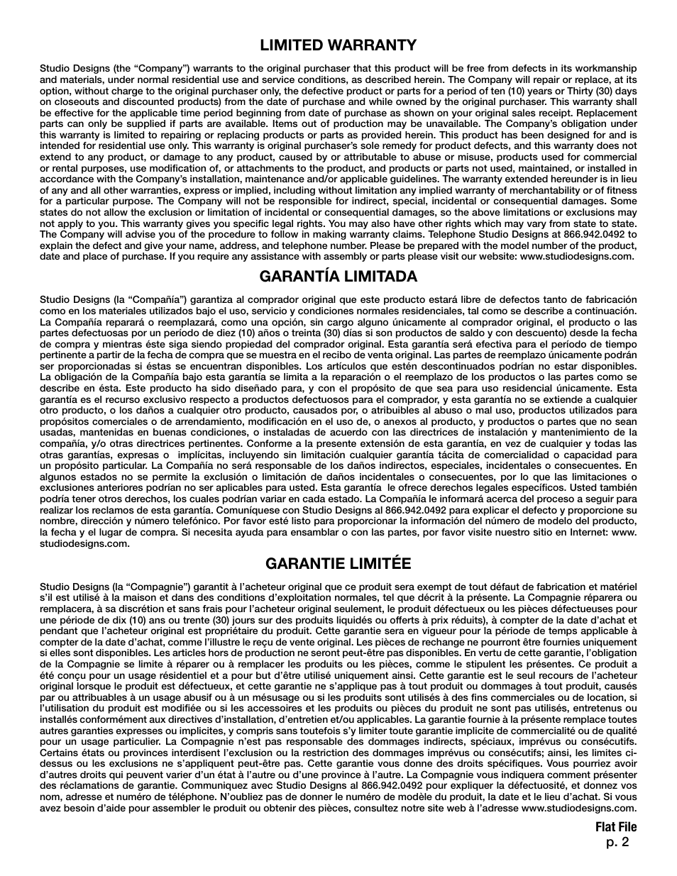 Limited warranty, Garantía limitada, Garantie limitée | Flat file p. 2 | Studio Designs Flat File User Manual | Page 2 / 2