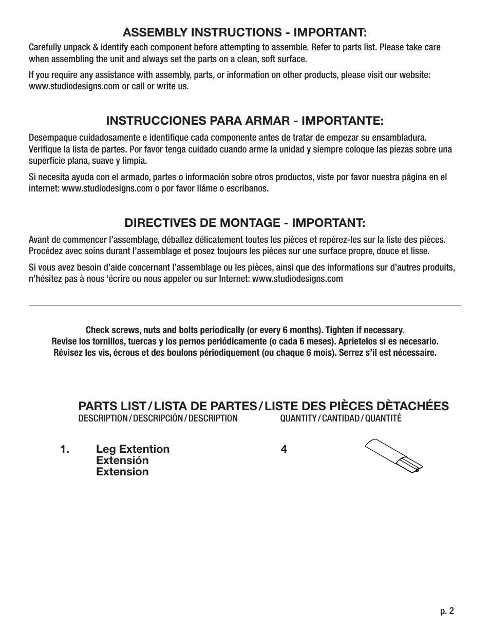 Studio Designs Futura Leg Extension User Manual | Page 2 / 4