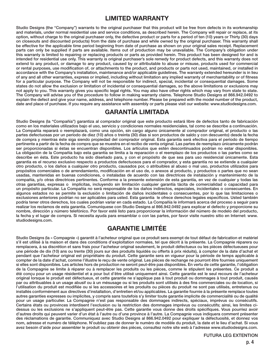 Limited warranty, Garantía limitada, Garantie limitée | P. 4 | Studio Designs Futura Leg Extension User Manual | Page 4 / 4