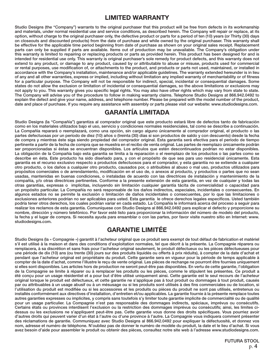 Limited warranty, Garantía limitada, Garantie limitée | P. 4 | Studio Designs Futura Stool User Manual | Page 4 / 4