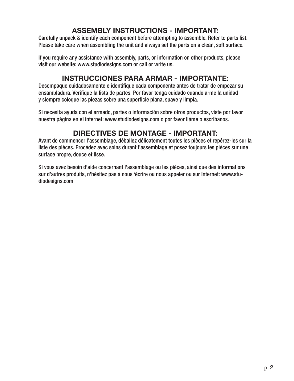 Assembly instructions - important, Instrucciones para armar - importante, Directives de montage - important | Studio Designs Maxima II Drafting Chair User Manual | Page 2 / 9