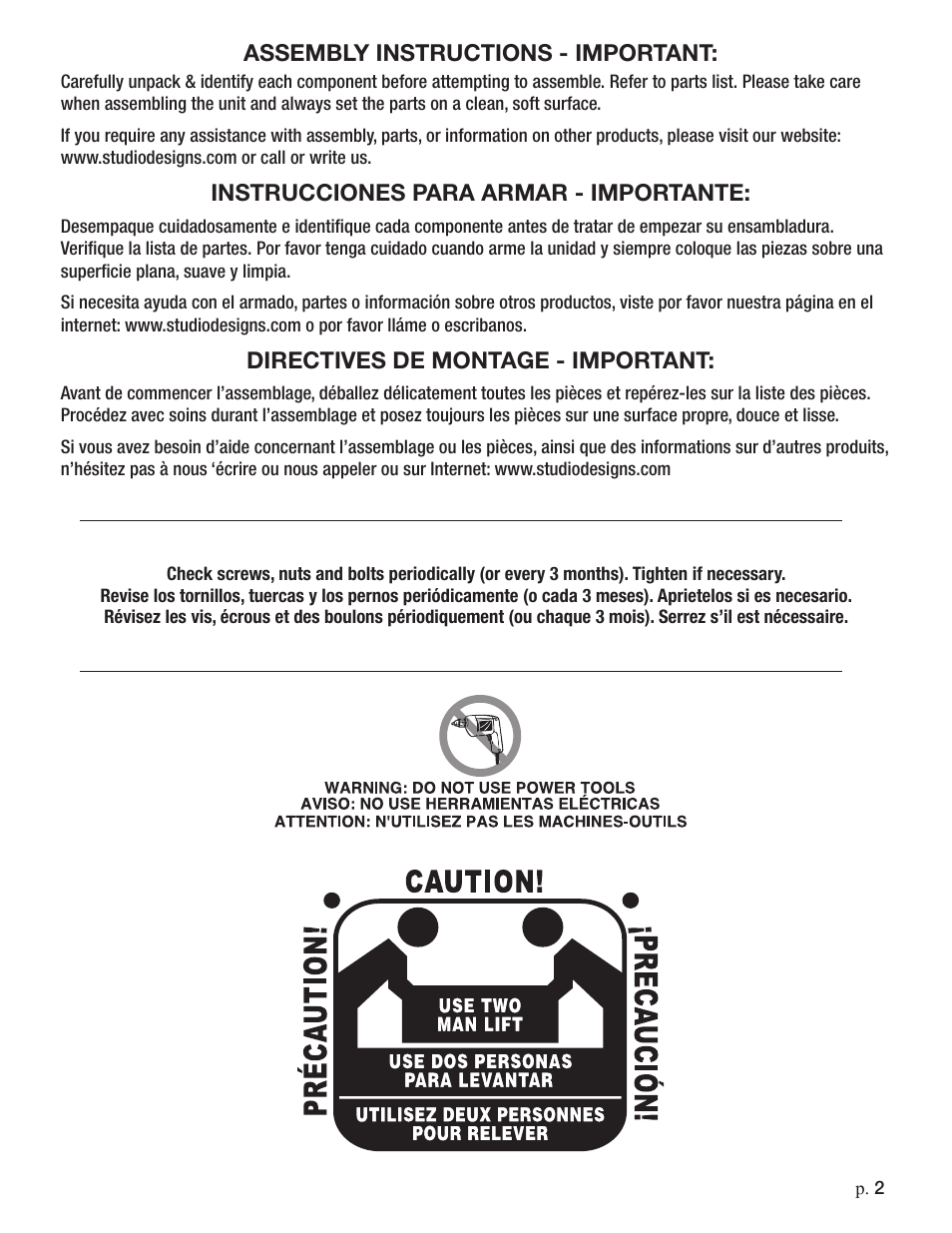 Assembly instructions - important, Instrucciones para armar - importante, Directives de montage - important | Studio Designs Ponderosa Leg Extensions User Manual | Page 2 / 6