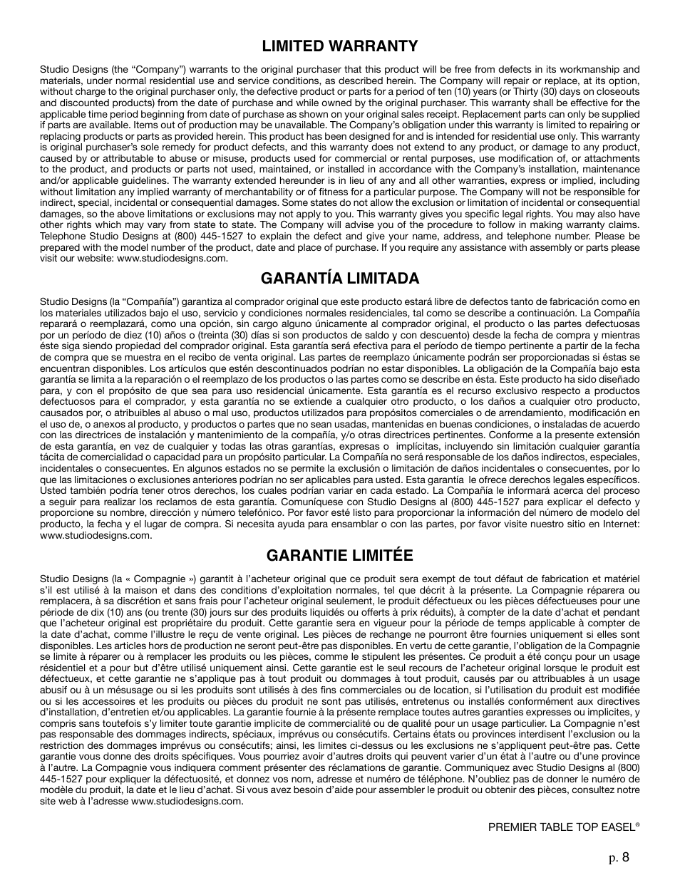 Limited warranty, Garantía limitada, Garantie limitée | P. 8 | Studio Designs Premier Table Top Easel User Manual | Page 8 / 8