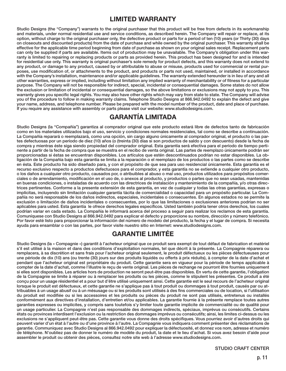 Limited warranty, Garantía limitada, Garantie limitée | P. 11 | Studio Designs Studio Craft Center User Manual | Page 11 / 11