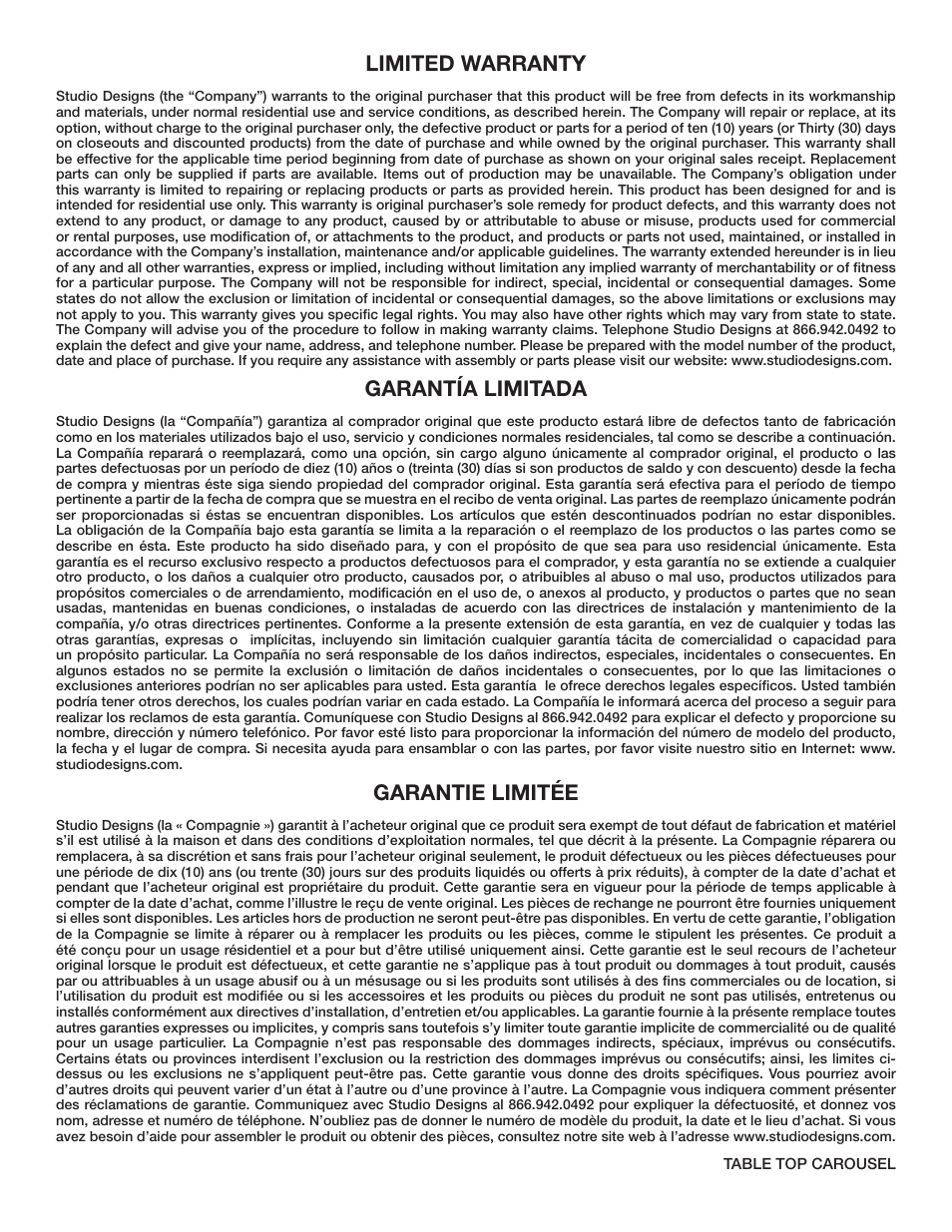 Limited warranty, Garantía limitada, Garantie limitée | Studio Designs Table Top Carousel User Manual | Page 2 / 2