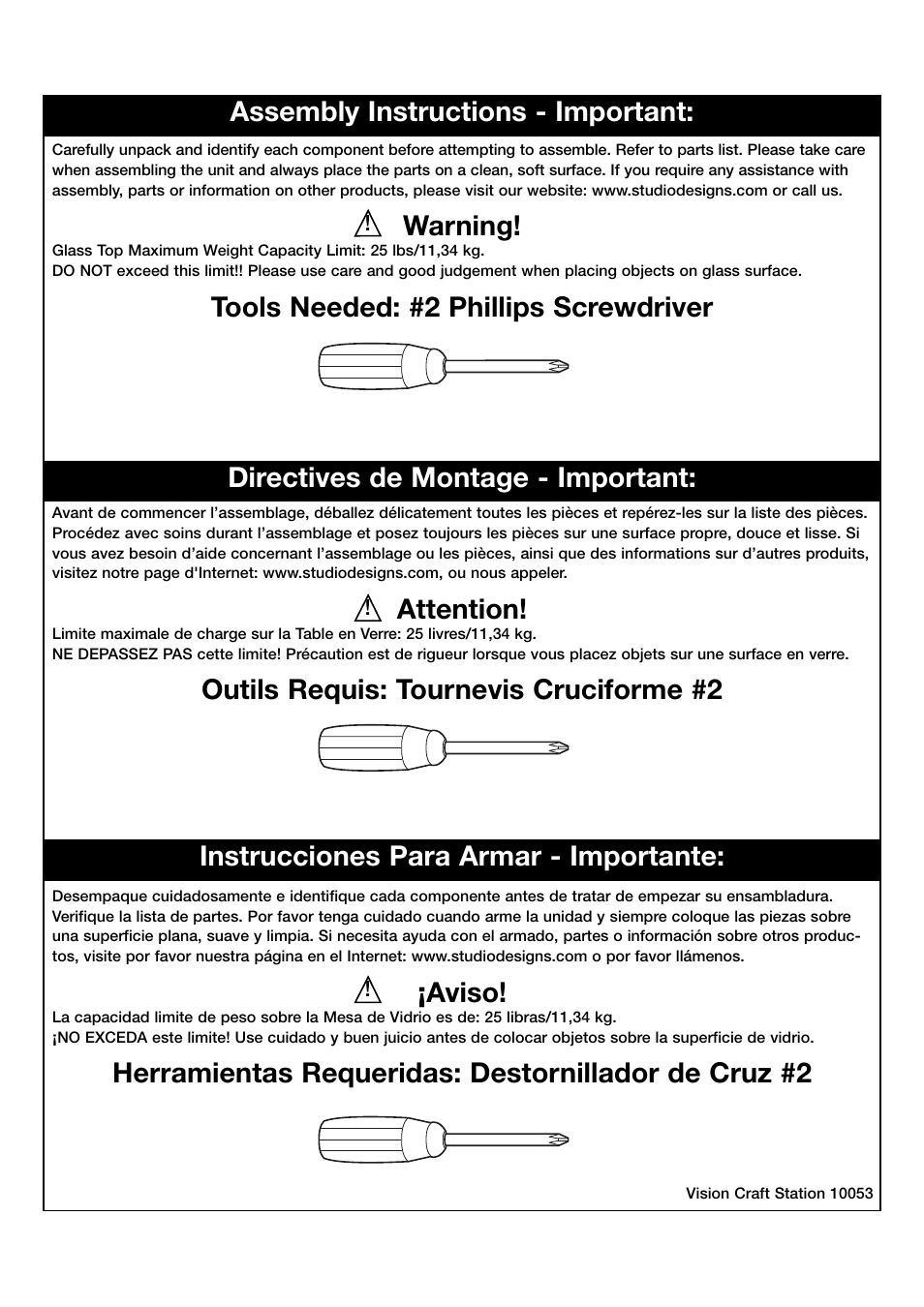 Warning, Tools needed: #2 phillips screwdriver, Attention | Outils requis: tournevis cruciforme #2, Aviso, Directives de montage - important, Instrucciones para armar - importante | Studio Designs Vision Craft Station User Manual | Page 2 / 11