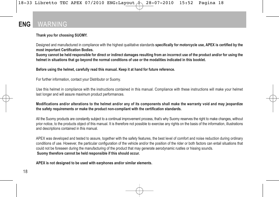 English, Eng warning | SUOMY Apex User Manual | Page 20 / 100