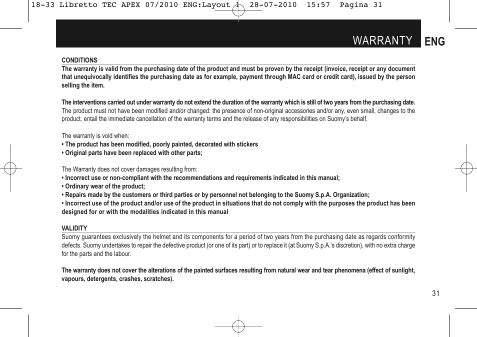 Warranty eng | SUOMY Apex User Manual | Page 33 / 100