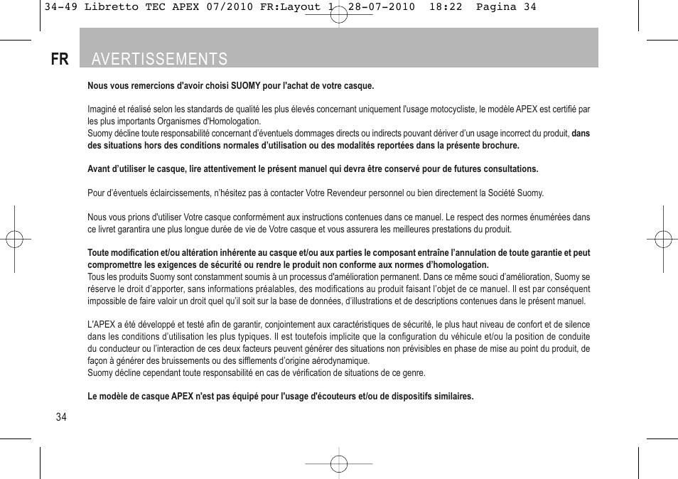Français, Fr avertissements | SUOMY Apex User Manual | Page 36 / 100