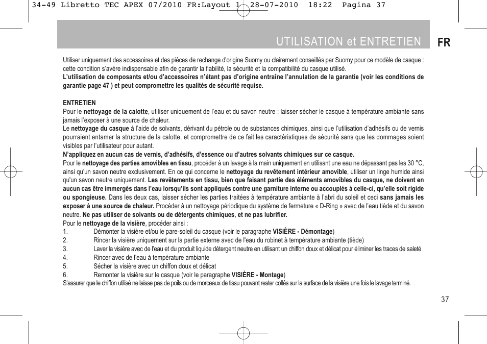 Utilisation et entretien fr | SUOMY Apex User Manual | Page 39 / 100