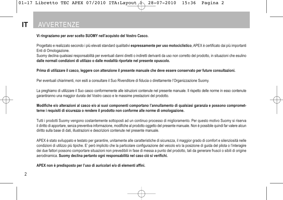 Italiano, It avvertenze | SUOMY Apex User Manual | Page 4 / 100