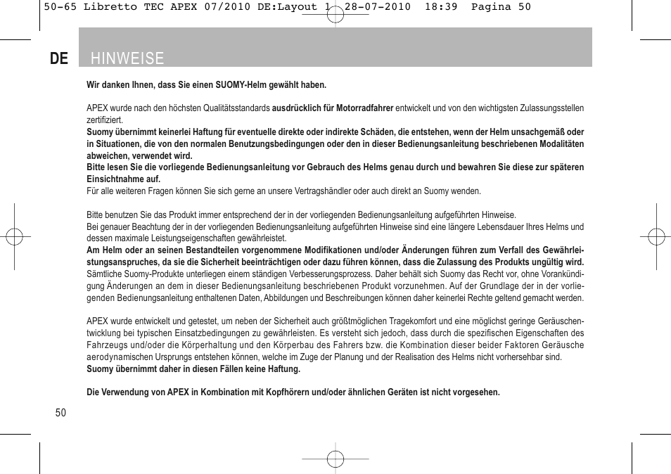 Deutsch, De hinweise | SUOMY Apex User Manual | Page 52 / 100