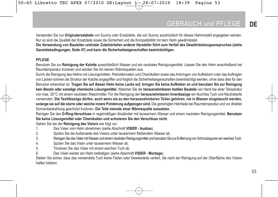 Gebrauch und pflege de | SUOMY Apex User Manual | Page 55 / 100