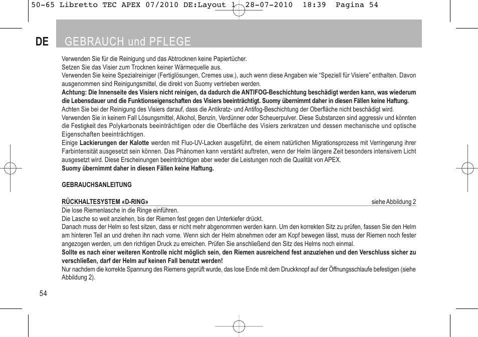 De gebrauch und pflege | SUOMY Apex User Manual | Page 56 / 100