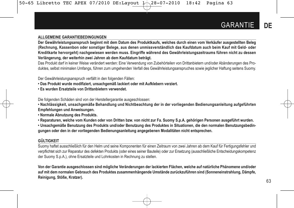 Garantie de | SUOMY Apex User Manual | Page 65 / 100