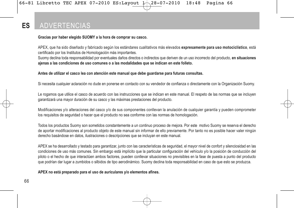 Español, Es advertencias | SUOMY Apex User Manual | Page 68 / 100