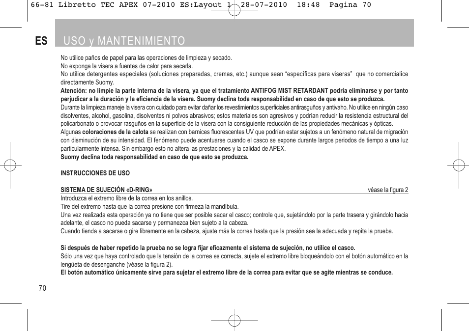 Es uso y mantenimiento | SUOMY Apex User Manual | Page 72 / 100