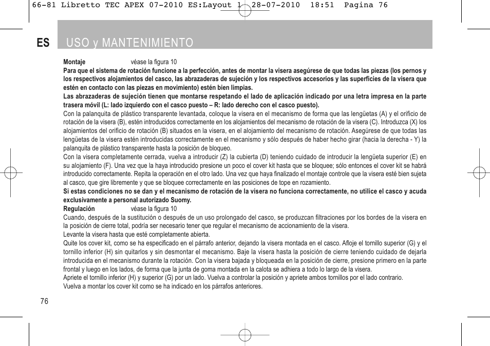 Es uso y mantenimiento | SUOMY Apex User Manual | Page 78 / 100