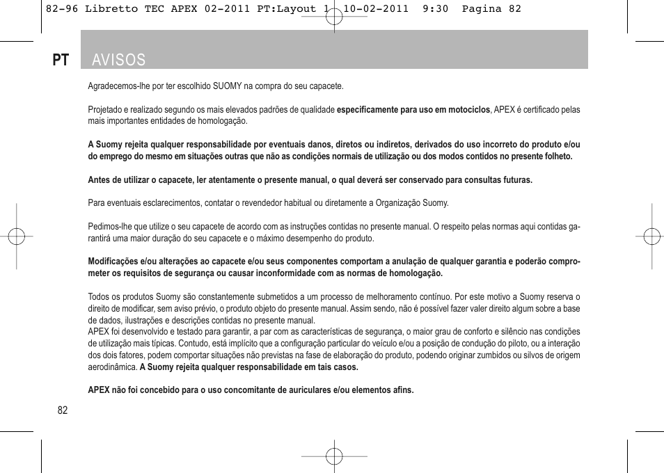 Pt avisos | SUOMY Apex User Manual | Page 84 / 100