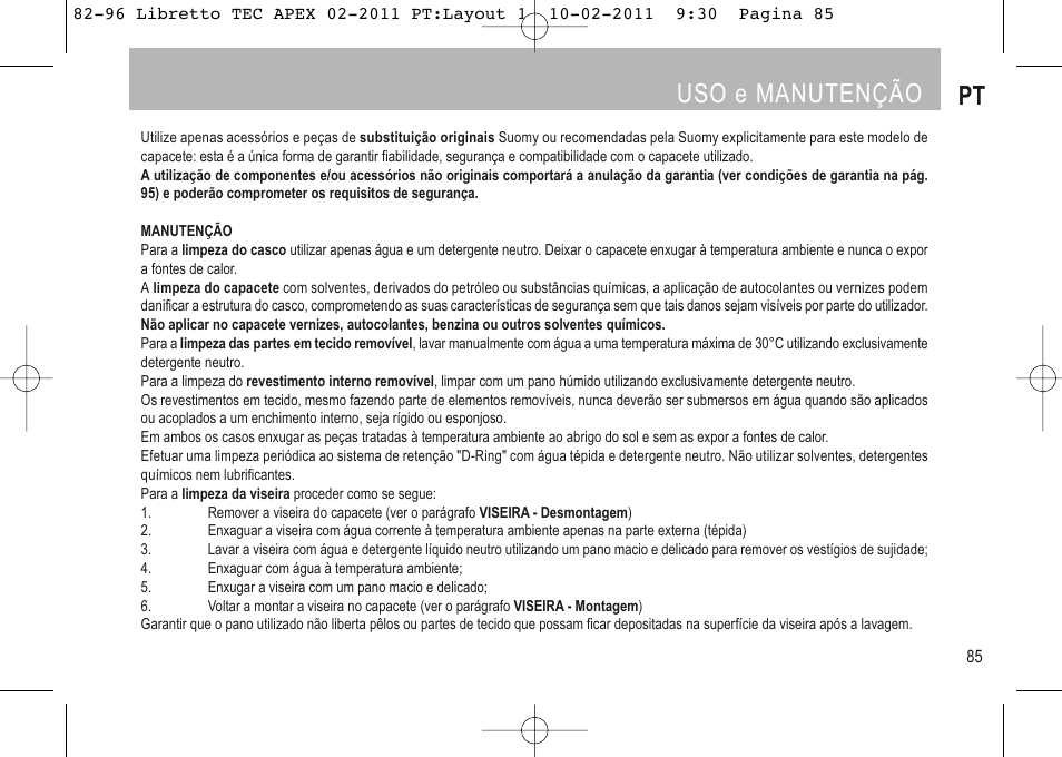 Uso e manutenção pt | SUOMY Apex User Manual | Page 87 / 100