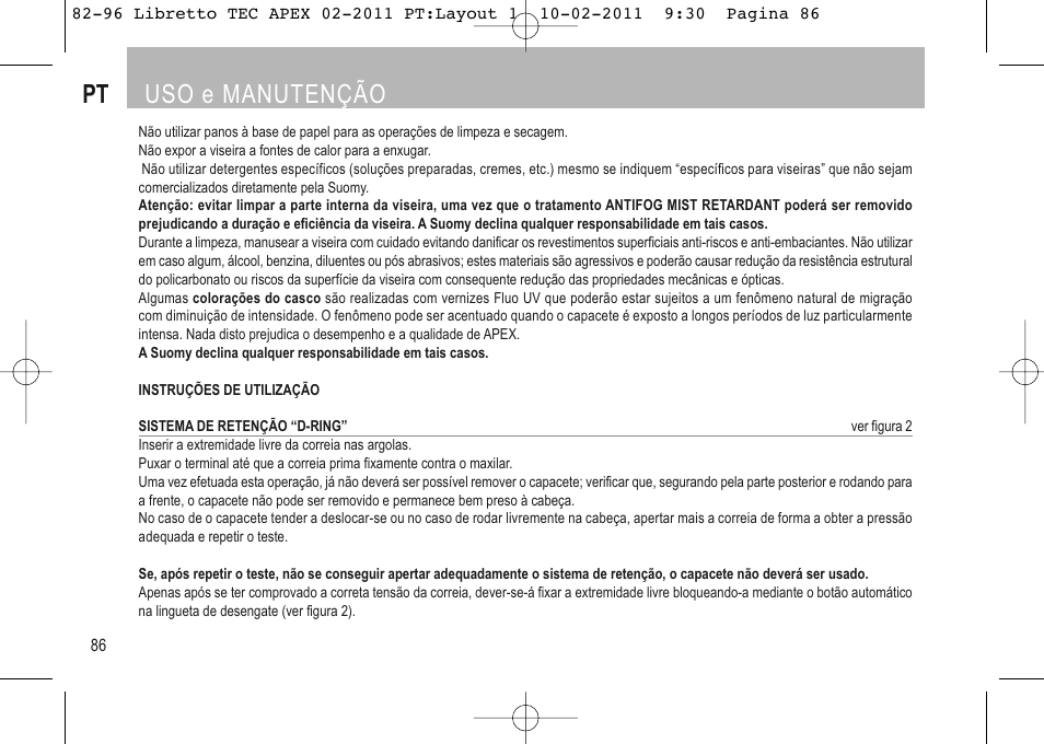 Pt uso e manutenção | SUOMY Apex User Manual | Page 88 / 100