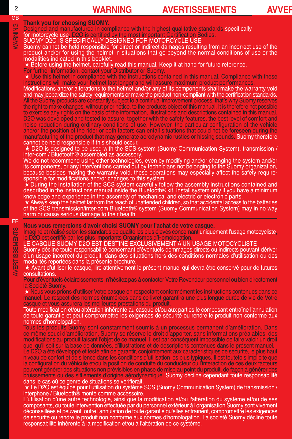 Warning avertissements avver | SUOMY D2O User Manual | Page 2 / 36