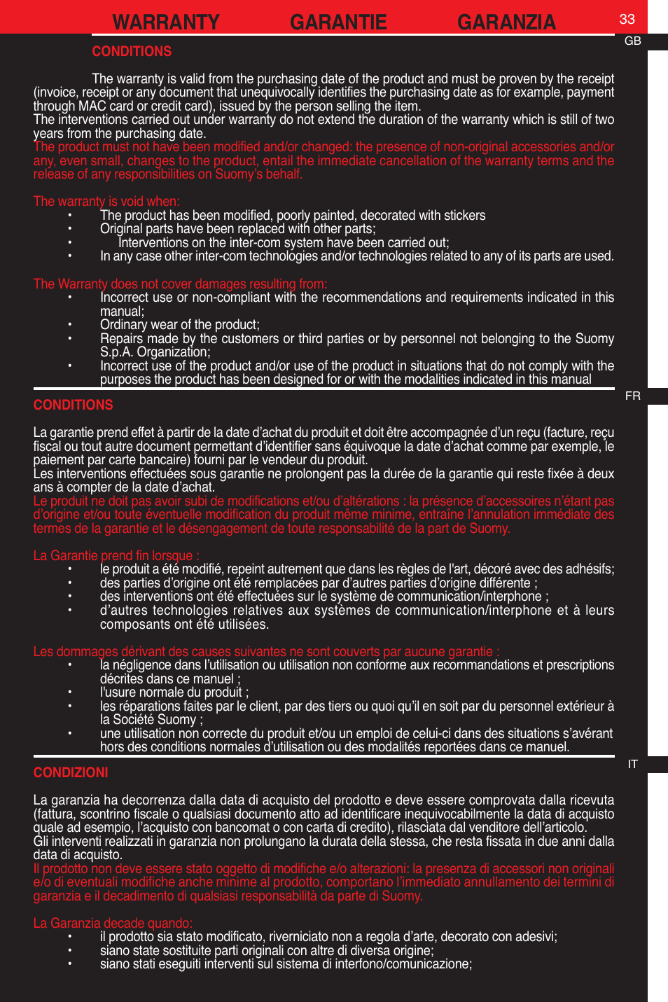 Warranty garantie garanzia | SUOMY D2O User Manual | Page 33 / 36