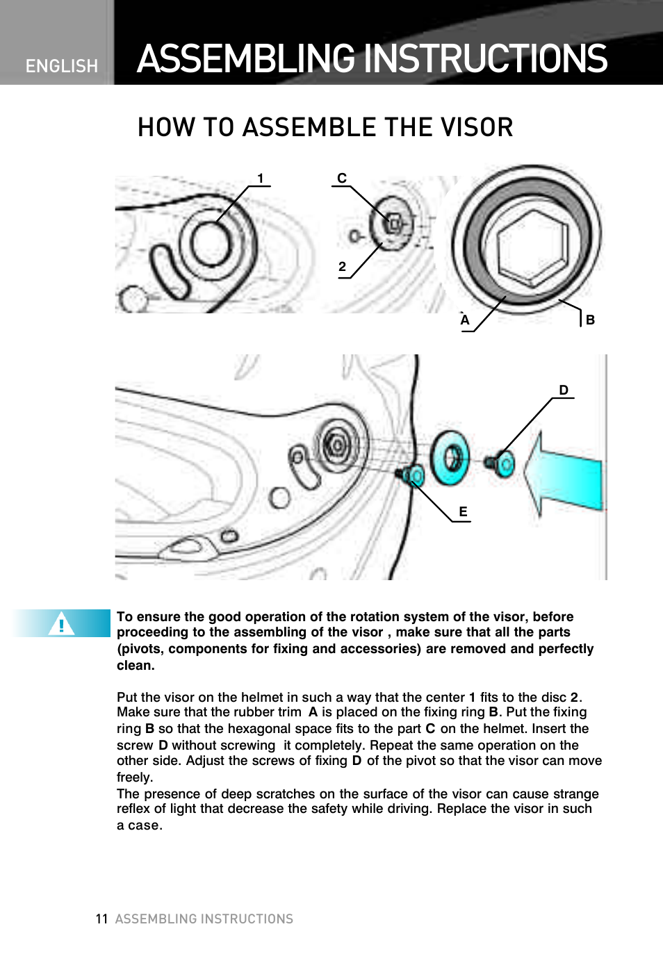 Assembling instructions, How to assemble the visor | SUOMY F1 User Manual | Page 12 / 15
