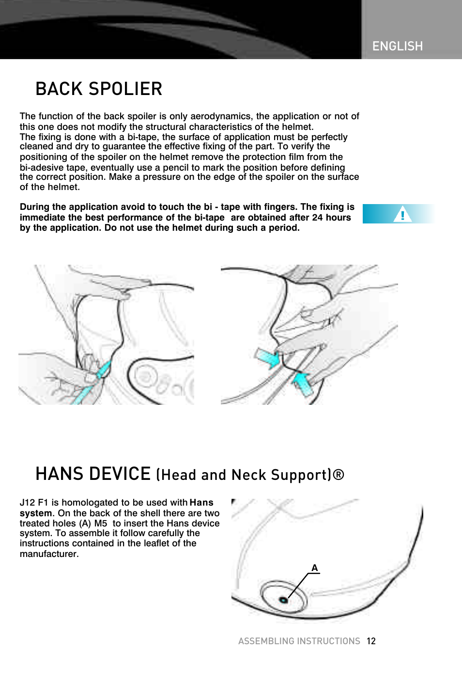 Back spolier, Hans device, Head and neck support) | English | SUOMY F1 User Manual | Page 13 / 15