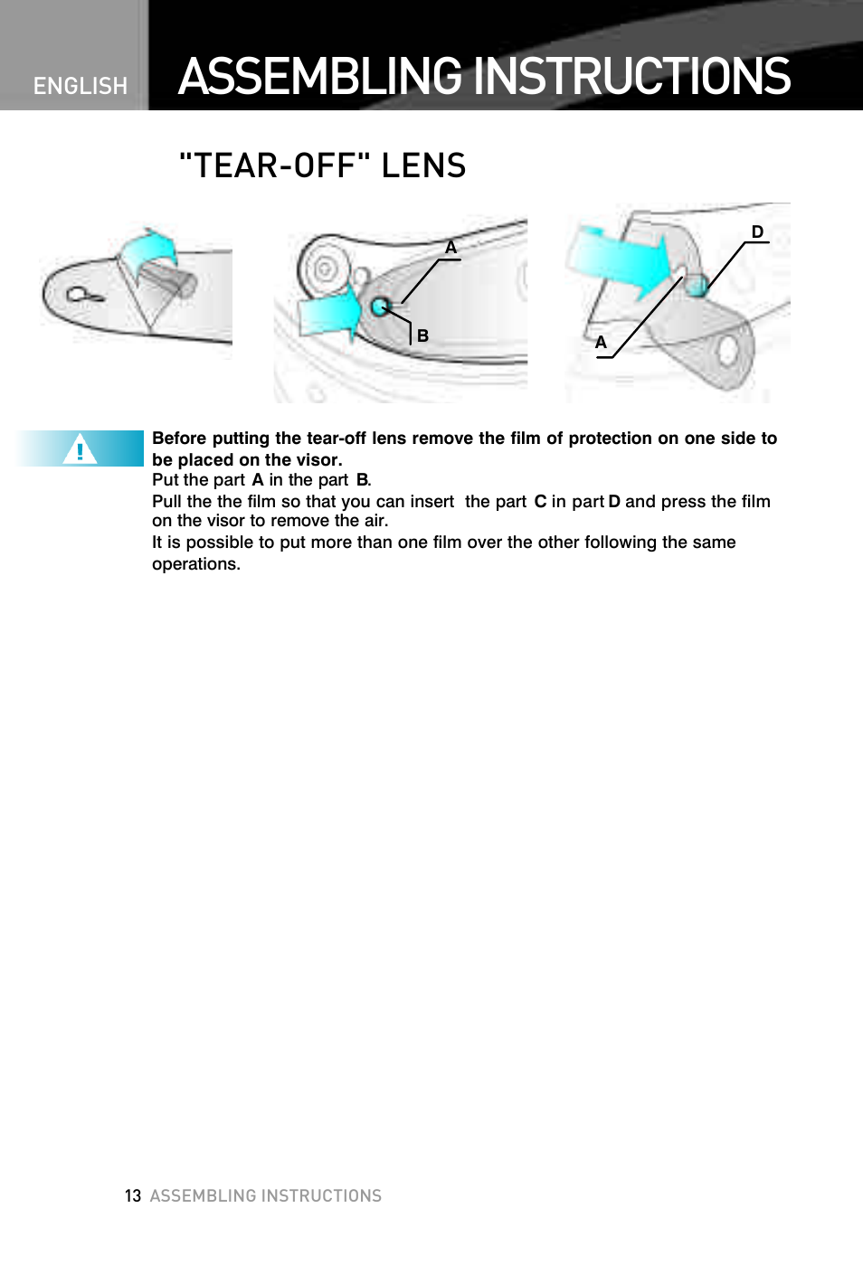 Assembling instructions, Tear-off" lens | SUOMY F1 User Manual | Page 14 / 15