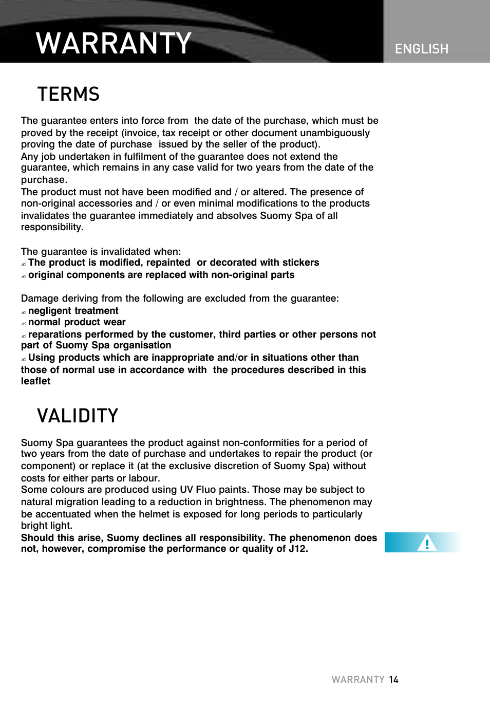 Warranty, Terms validity, English | SUOMY F1 User Manual | Page 15 / 15