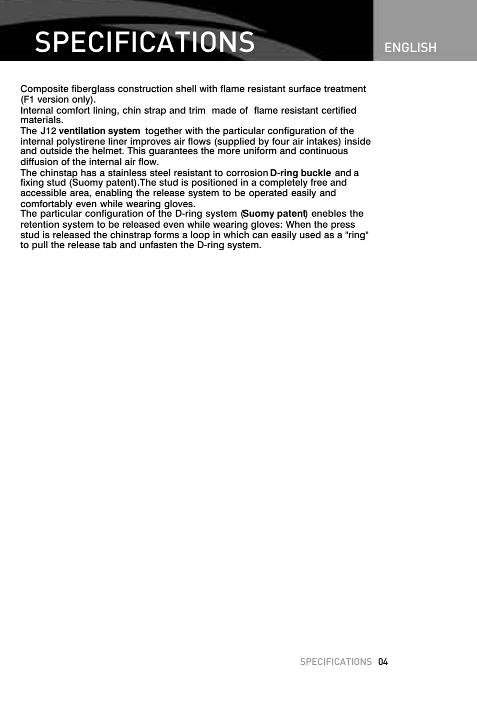 Specifications, English | SUOMY F1 User Manual | Page 5 / 15