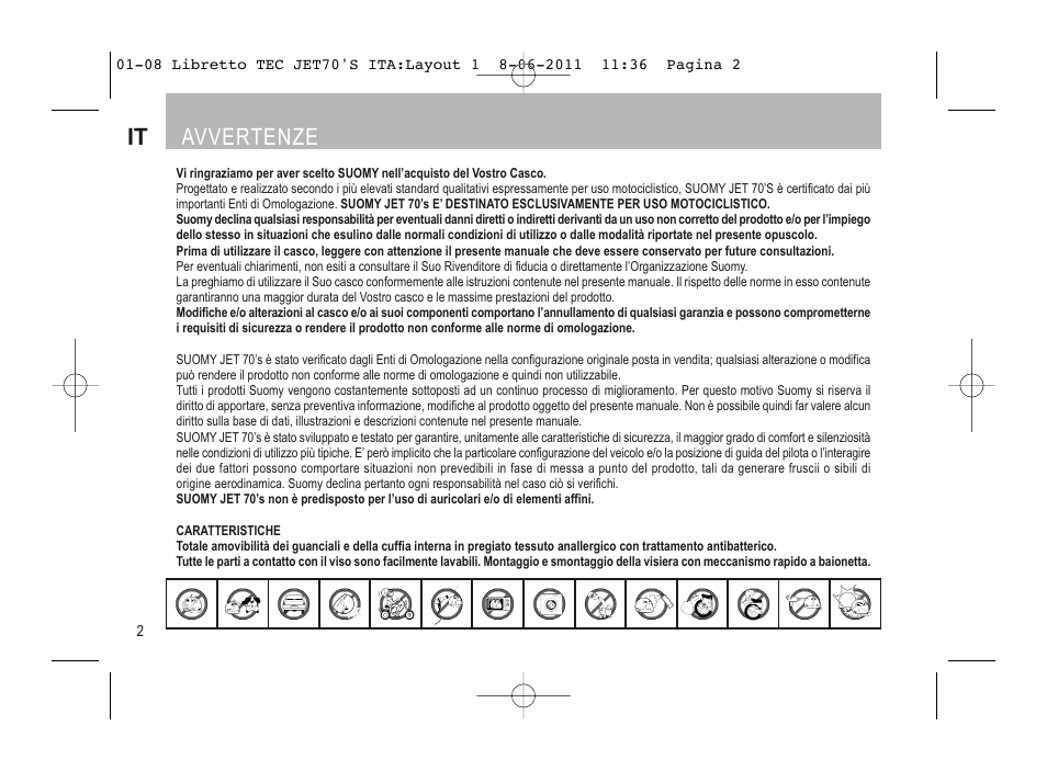 Italiano, It avvertenze | SUOMY Jet 70s User Manual | Page 3 / 42