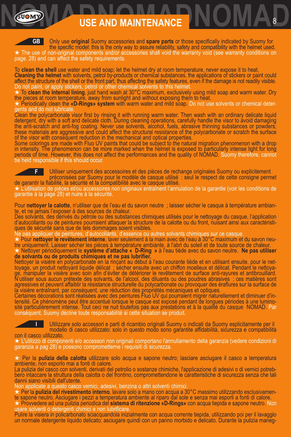 Nomadnomadnomadnomadnomadnomad, Use and maintenance | SUOMY Nomad User Manual | Page 8 / 31
