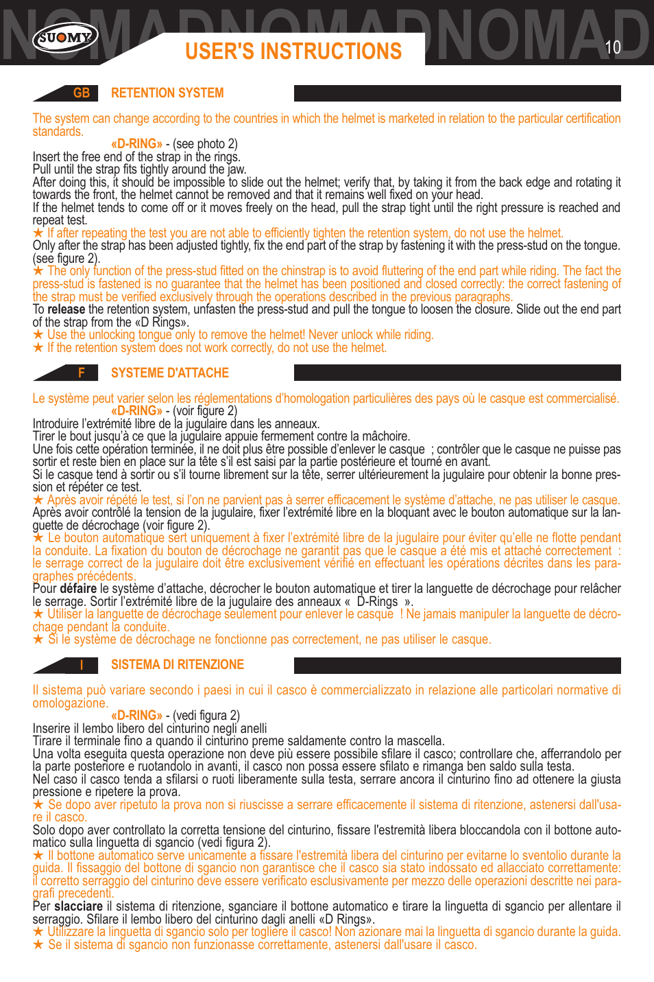 Nomadnomadnomadnomadnomadnomad, User's instructions | SUOMY Trek User Manual | Page 10 / 31