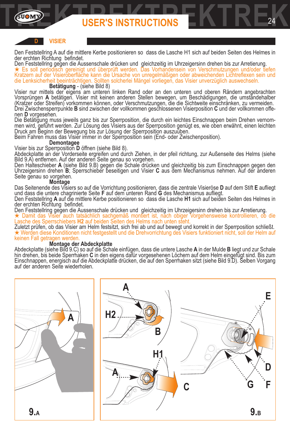 Trektrektrektrektrektrektrektrek, User's instructions, Ae d f h2 h1 g a b c | SUOMY Trek User Manual | Page 24 / 31