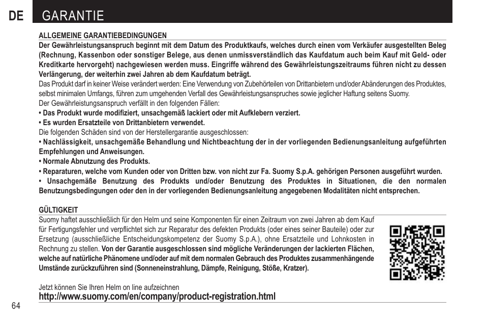 De garantie | SUOMY MX Tourer User Manual | Page 66 / 99