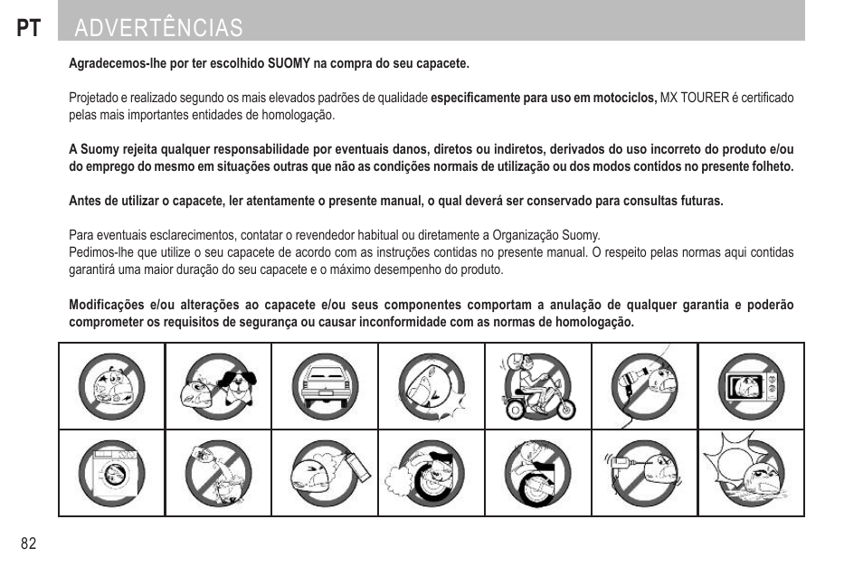Pt advertências | SUOMY MX Tourer User Manual | Page 84 / 99