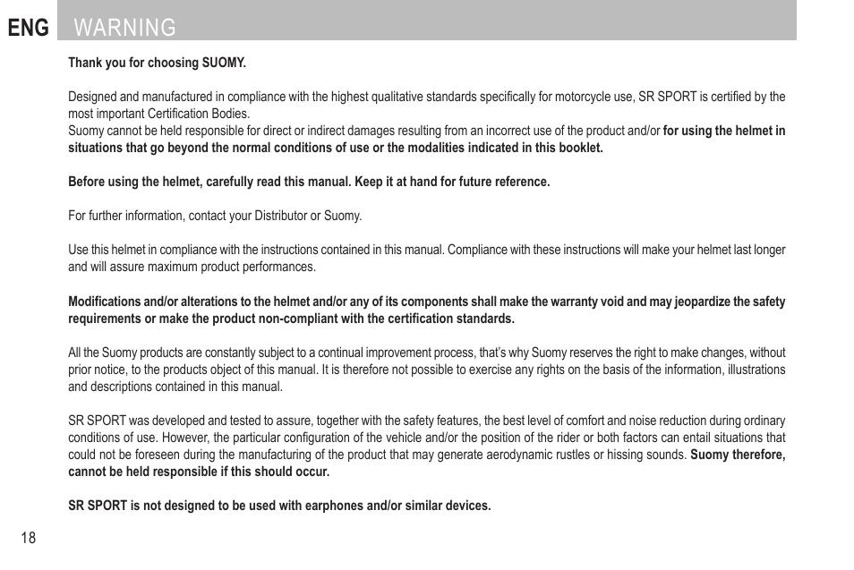 English, Eng warning | SUOMY SR Sport User Manual | Page 20 / 100