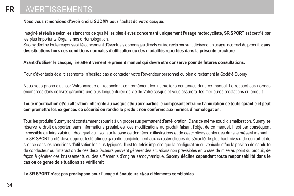 Français, Fr avertissements | SUOMY SR Sport User Manual | Page 36 / 100