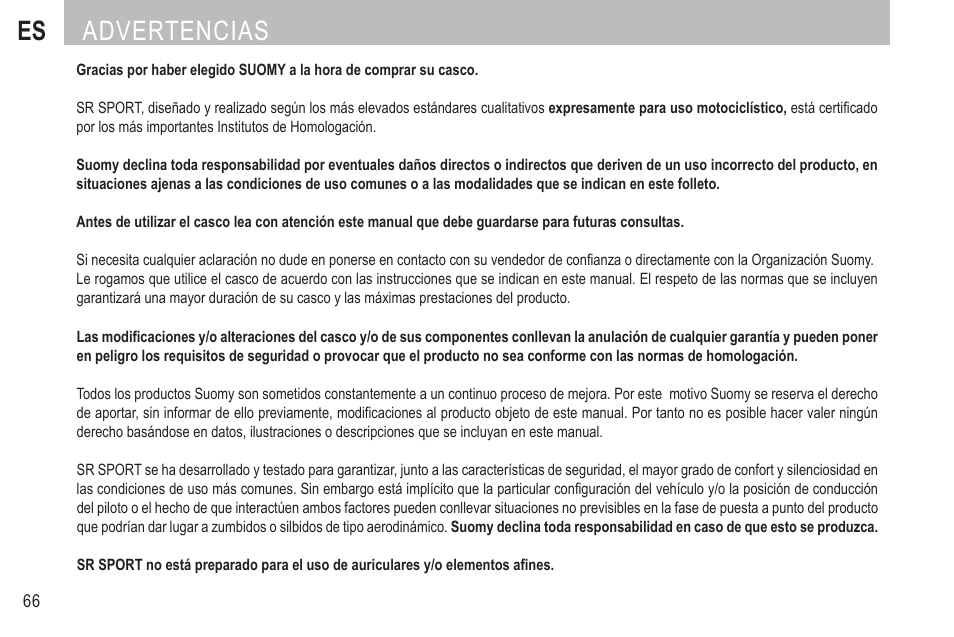 Español, Es advertencias | SUOMY SR Sport User Manual | Page 69 / 100